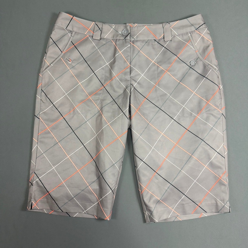 Nike Golf Dri-FIT Gray Plaid Shorts Womens 10 Orange White 483694-082